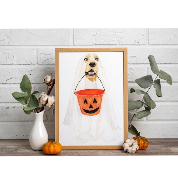 Golden Retriever Watercolor Art Print, Halloween Ghost Dog Costume, Wall Art, Fall Decor