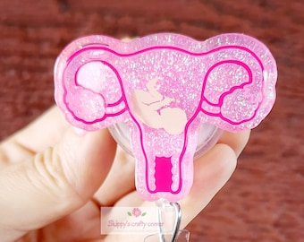 Uterus with baby shaker badge reel| shaker badge reel| badge holder| badge clip| id holder| badge reel| obgyn gift| Nurse badge reel| badge