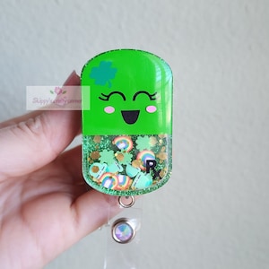 St. PATRICKS Day pill shaker badge reel| shaker badge reel| badge holder| badge clip| id holder| Pharmacy tech badge reel| pharmacist gift
