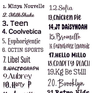 May include: A font chart displaying twenty-one numbered typography options in dark purple text on a white background. The list includes names such as Minya Nouvelle, MilkShake, Teen, Coolvetica, Euphorigentic, OCTIN SPORTS, Libel Suit, Waltograph, Aubrey, Harry P, Amarillo, Sofia, Chicken Pie, JT DAISYNOAH, Bromello, Farmhouse Lemonde, HELLO MILLO, CRADFTY BEACH, Kg Be Still, Brooklyn, and Retro Kids.