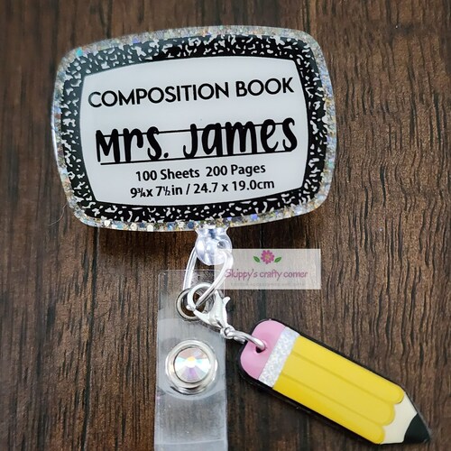 Composition Notebook Badge Reel | Teacher ID Holder with Pencil Charm