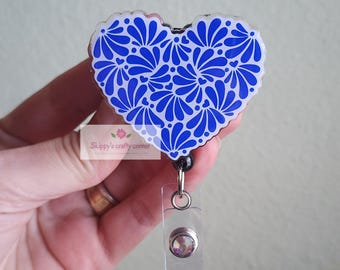 Talavera Heart Badge Reel| Mexican Talavera badge|| retractable badge| id holder| badge reel| badge holder| personalized badge| Holiday reel