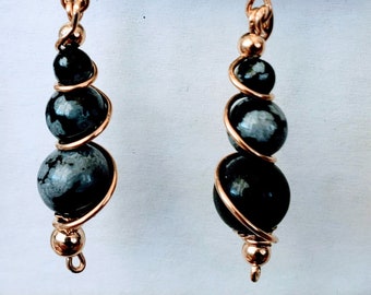 Gold filled Wire wrapped Snowflake Obsidian drop earrings in Post or Wire style