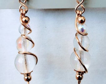 Gold filled Wire wrapped Quartz Crystal with AB finish drop earrings in Post or Wire style