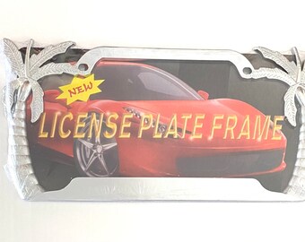 Palm Tree Metal License Plate Frame: Chrome or Gold Finish