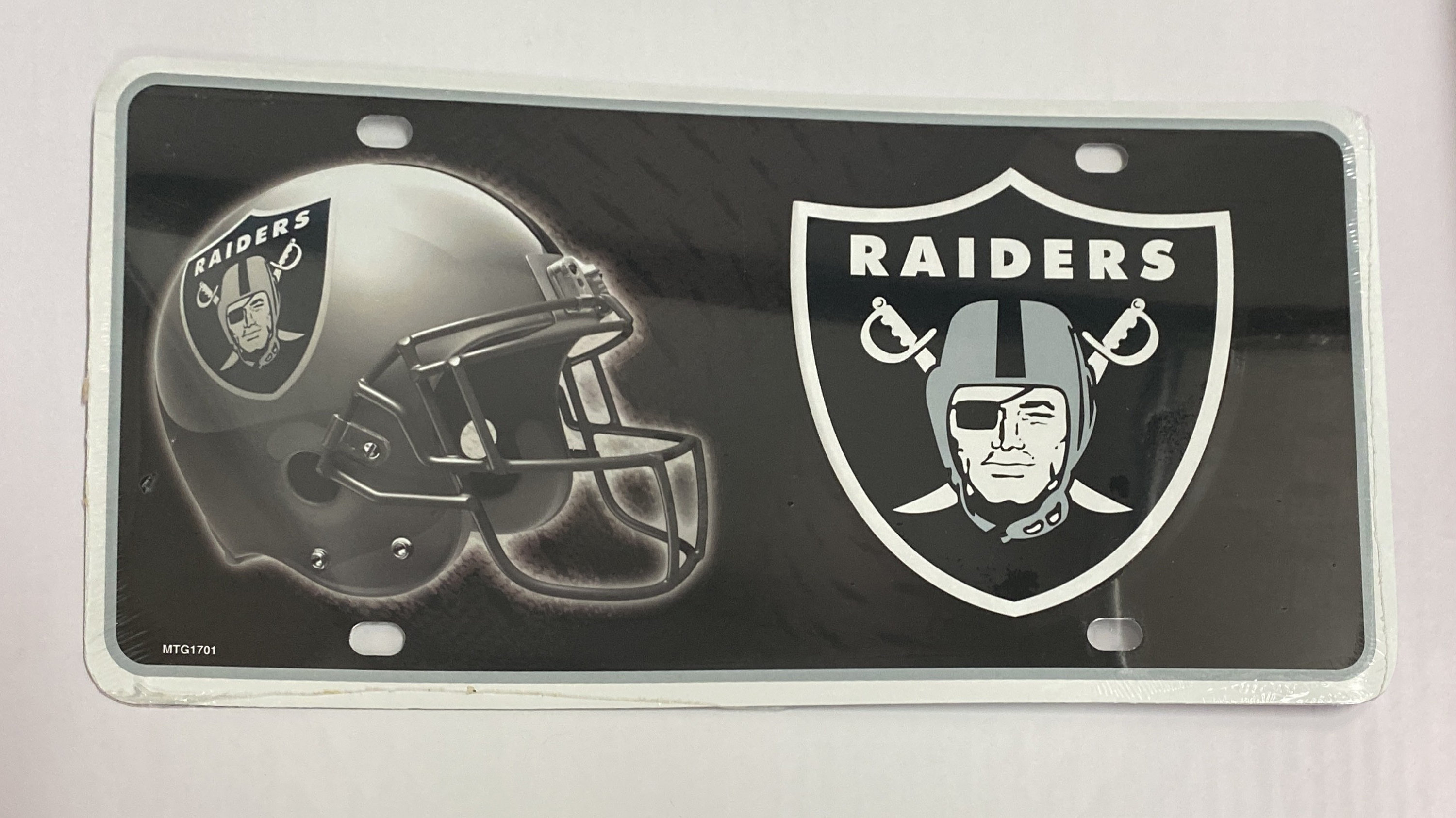 Oakland Raiders License Plate: Embossed Aluminum, Acrylic Mirror