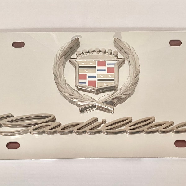 Cadillac 3D Logo or Logo/Word Chrome Finish Logo Stainless Steel Vanity LIcense PLate. New or Old School Logo Plate