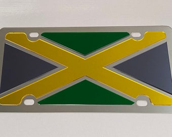 Jamaica Flag Acrylic Color Mirror Lazer Cut License Plate. Fits Car, Truck, Suv
