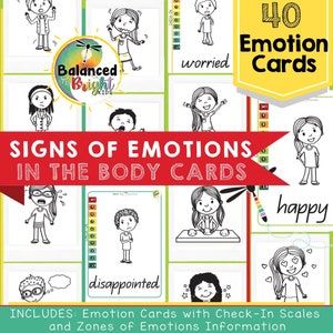 Könnte beinhalten: 40 schwarz-weiße illustrierte Emotionskarten mit Check-In-Skalen. Die Karten zeigen einfache Zeichnungen von Menschen, die verschiedene Emotionen ausdrücken, wie z. B. glücklich, besorgt und enttäuscht. Der Text "SIGNS OF EMOTIONS IN THE BODY CARDS" befindet sich oben im Bild.