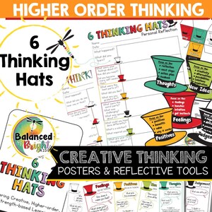 May include: Six colorful thinking hats with a dragonfly illustration. Each hat represents a different thinking style:  Feelings, Positives, New Ideas, Thoughts, Judgement, and  Mix.  The text "6 Thinking Hats" is at the top of the image.  The text "Creative Thinking Posters & Reflective Tools" is at the bottom of the image.