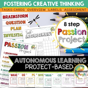 May include: A colourful printable set of cards for a passion project. The cards are labelled with the steps of a passion project: brainstorm, question, plan, investigate, select, create, present, and reflect. The cards are designed for autonomous learning and project-based learning. The text "8 step Passion Project" is in a colourful circle at the top of the image.