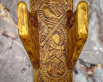 Sigurd and Fafnir – Hand-Carved Wooden Guitar Wall Mount, Viking Dragon Art guitar holder