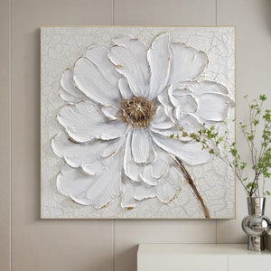 3D Original Acrylic Painting on Canvas / Large White Flower Painting / Heavy Texture Painting / Abstract Wall Art / Floral Wall Decor