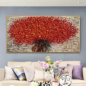 Peinture acrylique de fleurs rouges sur toile | Peinture acrylique 3D | Peinture abstraite | Peinture à l’huile extra grande
