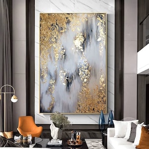 Abstract goudfolie schilderij op canvas / kunst aan de muur / 100% handgeschilderd