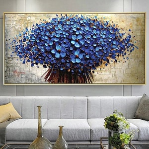 Peinture acrylique 3D de fleur bleue sur toile | Peinture abstraite | Peinture décorative | Peinture à l’huile extra grande