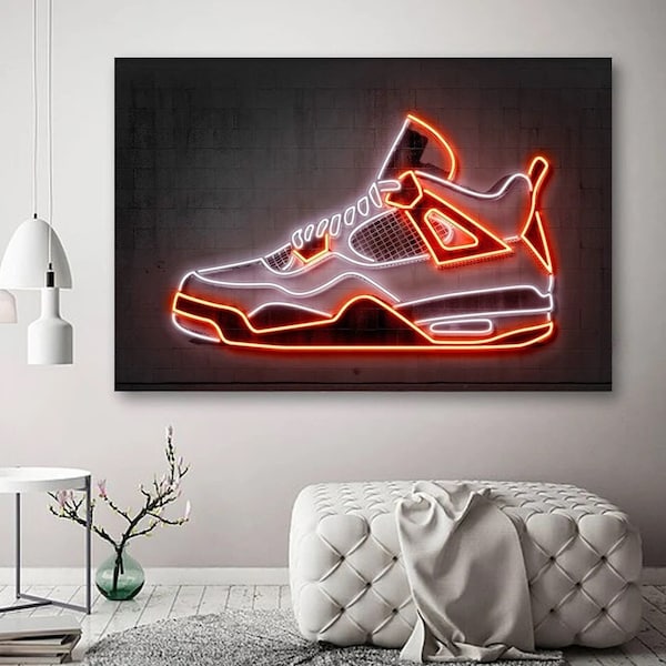 Nike Air Jordan / Neon-Effekt-Kunstdruck auf Leinwand/Jordan-Wandkunst-Poster /Street Art Neon-Effekt-Sneaker/Coole Kunst