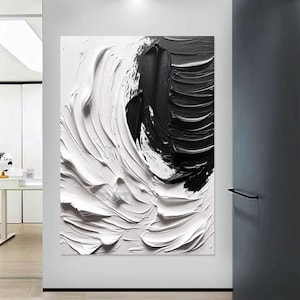 Huile abstraite noir et blanc/acrylique peinte à la main sur toile / Peinture de texture originale 3D