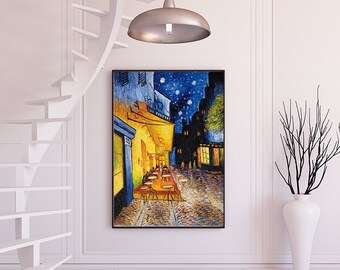 Reprodukcja obrazu olejnego Vincenta Van Gogha „Taras kawiarni w nocy” / 100% ręcznie malowany obraz olejny na płótnie / Arcydzieło olejne o jakości muzealnej