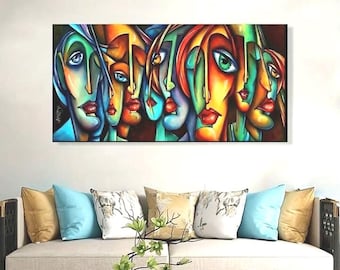 Op de afbeelding: Een rechthoekig canvas schilderij met een gestileerde compositie van meerdere overlappende menselijke gezichten in levendige tinten oranje, groenblauw, geel en rood. Het kunstwerk toont dikke zwarte omlijningen en expressieve gelaatstrekken.