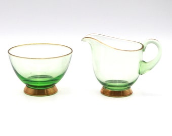 Milk jug sugar bowl green shimmering gold rim glass 20s