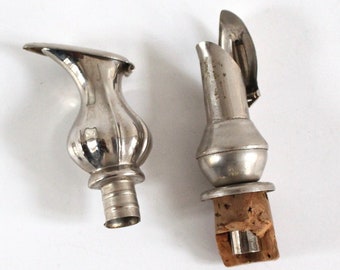 Set of 2 antique metal bottle pourers for spirits or wine
