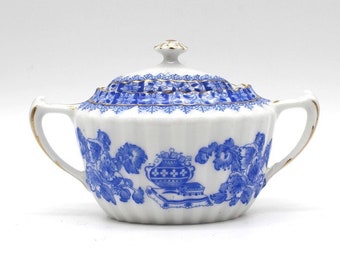 Sucrier Tuppack en porcelaine bleue de Tiefenfurt Silésie, bordure dorée antique