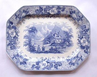 great antique English offerings plate blue white ceramics mill landscape by the river