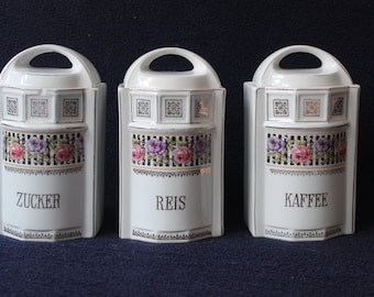 3 grote bewaarblikken gemaakt van porselein over 1920 Kunst Decoratie Suiker Rijst Koffie