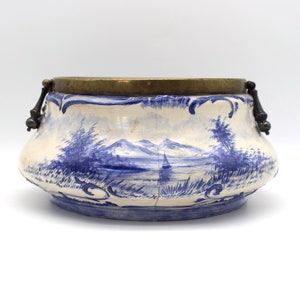 Ceramic salad bowl Dutch decor Royal Bonn around 1900 brass tin fittings handles