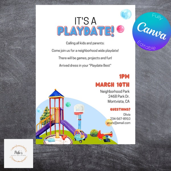 Play Date Invitation, It's A Play date Invite, Park Play-date Invite, Party Invites, EDITABLE, Digital Template, Instant Download