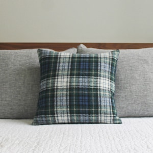 blue plaid wool pillow