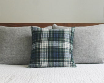 blue plaid wool pillow
