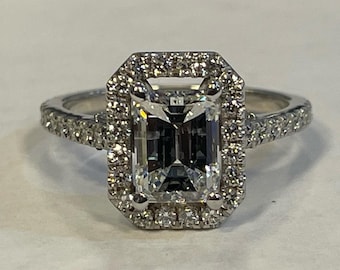 Ladies 14kt 2 Carat Emerald cut Forever One Moissanite Halo Ring