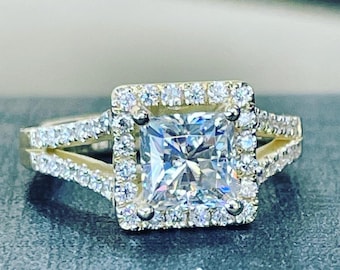 Ladies 14kt Princess Cut Forever One Moissanite Square Halo Ring.