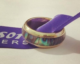 Handmade Mother of Pearl Abalone Inlay Handmade in 14kt Gold Band.
