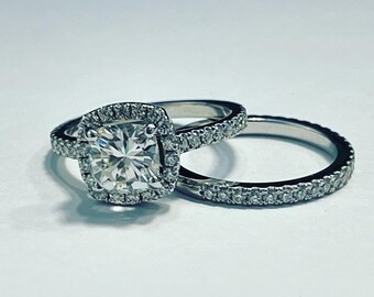 Ladies 14kt Gold Cushion Center Moissanite Halo Ring and Wedding Band.