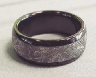 Handmade Black Zirconium Half Round  Gibeon Meteorite Inlay Wedding Band. 8MM