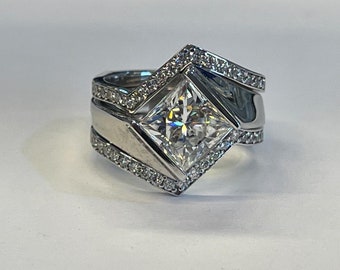 Ladies 14kt Princess Cut Forever One Ring with Side Moissanites.