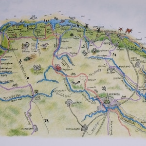 May include: A hand-drawn map of a region with a river winding through it. The map is in shades of green, blue, and brown, with various landmarks and place names labelled. The map includes a compass rose in the top right corner.