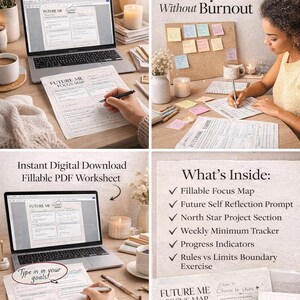 May include: A digital download product with the text "Design Your Future with Intention." The image shows a laptop displaying a "Future Me Focus Map" worksheet, along with other worksheets, pens, and a corkboard with sticky notes. The product includes a fillable focus map, reflection prompts, and a weekly tracker.