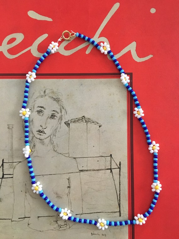 Daisy Flower Bead Necklace Blue White Yellow Handmade with Etsy