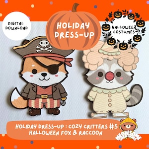 Halloween Paper Dolls: Fox & Raccoon Costumes, Halloween Printable, Kids Crafts, (Digital Download)