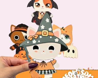 Kawaii Halloween Cats Paper Dolls | Dress Up Costumes | Party Garland | Playroom Decor | Digital Download