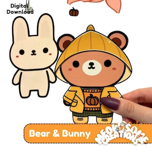 Bambola di carta / Vestito per il meteo / Pagine da colorare / Colora il tuo vestito / Calendario giornaliero / Orsetto e coniglietto kawaii / Download digitale