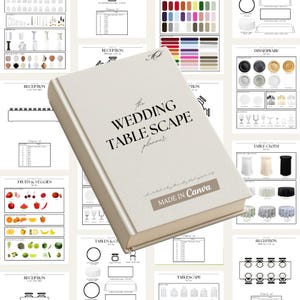 May include: A beige wedding table planner titled "The Wedding Table Scape Planner" with the text "Made in Canva." The planner is surrounded by images of wedding reception elements, including dinnerware and table settings.