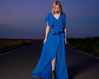 Long dress with bust ruffles-Floor dress-Side by side dress-Elegant dress-Evening dress-Red dress-Blue dress-High quality fabric-Luxury wear