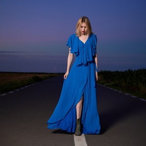 Long dress with bust ruffles-Floor dress-Side by side dress-Elegant dress-Evening dress-Red dress-Blue dress-High quality fabric-Luxury wear image 1
