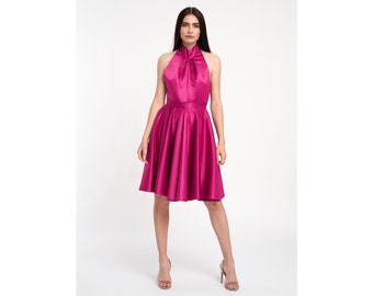 Bareback dress-Satin dress-Evening dress-Occasion dress-Fuchsia dress-Summer dress-High quality fabric-Midi dress-Luxury wear