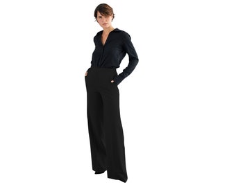 Black Palazzo Pants whit Hight Waist, Wide leg with front side pockets end back pockets, Elegant trousers, Wool Palazzo Trousers